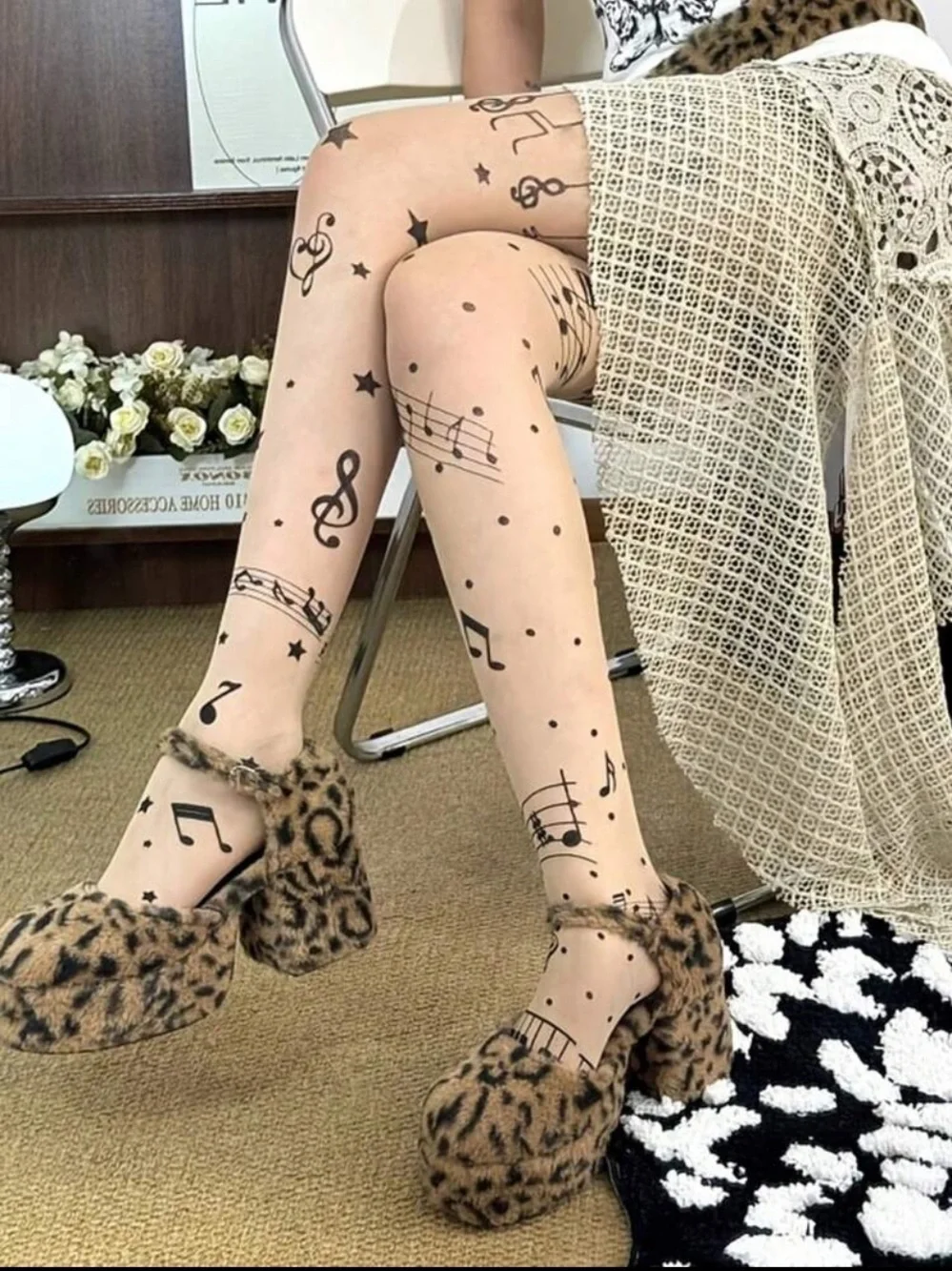 Sheer Black Musical Note Pattern Tights - Women Intimates